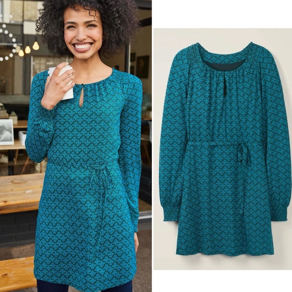 Teal Patterned Long-Sleeve Tie-Waist Dress